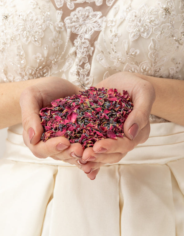 Novia con vestido marfil sosteniendo pétalos secos de rosa burgundy