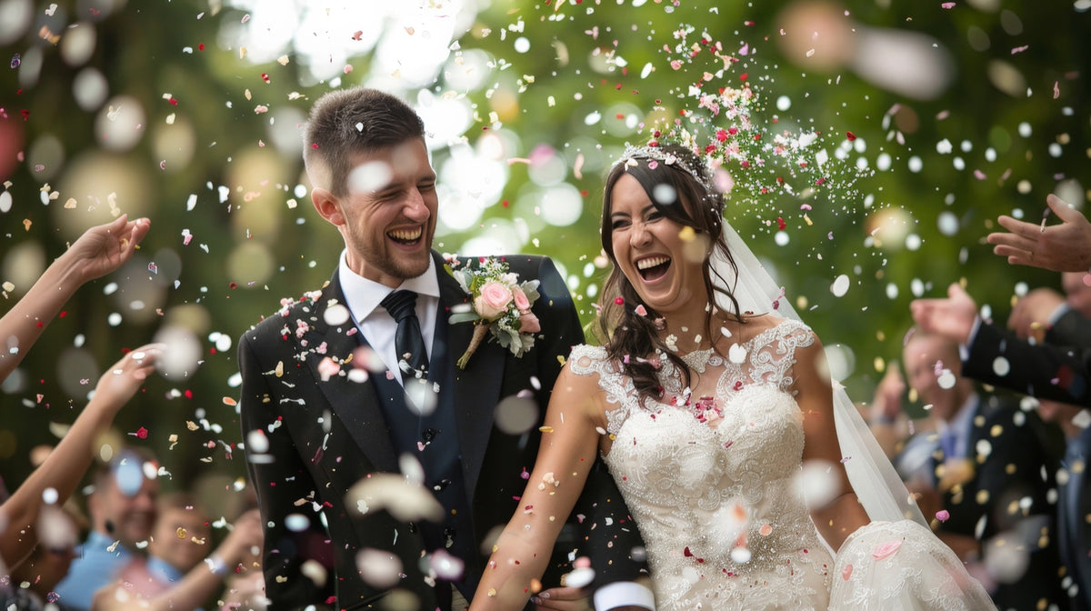 Novios caminando bajo una lluvia de confeti biodegradable a la salida de la boda