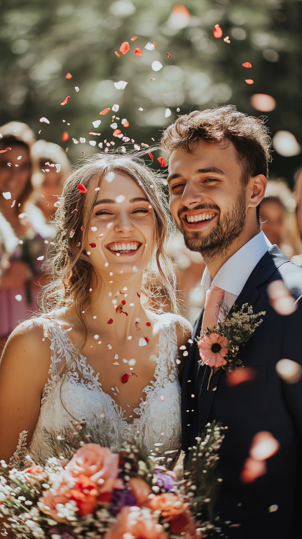 Pareja de novios con sus amigos rodeados de confeti biodegradable de pétalos
